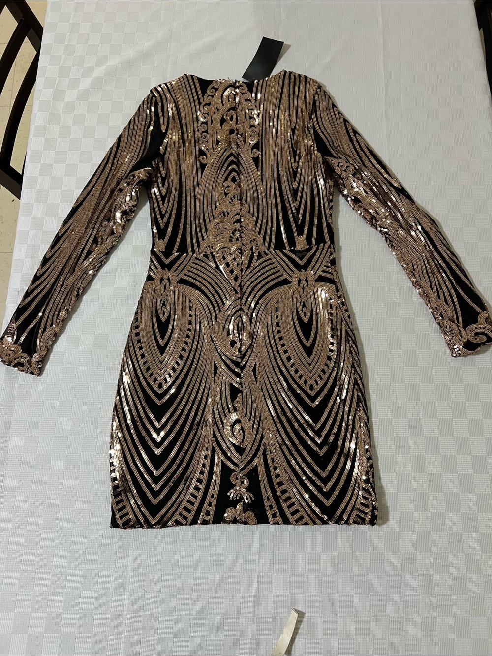 Black Mini Dress with Rose Gold Sequin Detail - Long Sleeve Party Dress - Picture 4 of 7